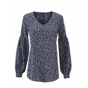 CAbi #5336 Te Amo Navy Blue Love Letter Print Blouse Medium Balloon Sleeve